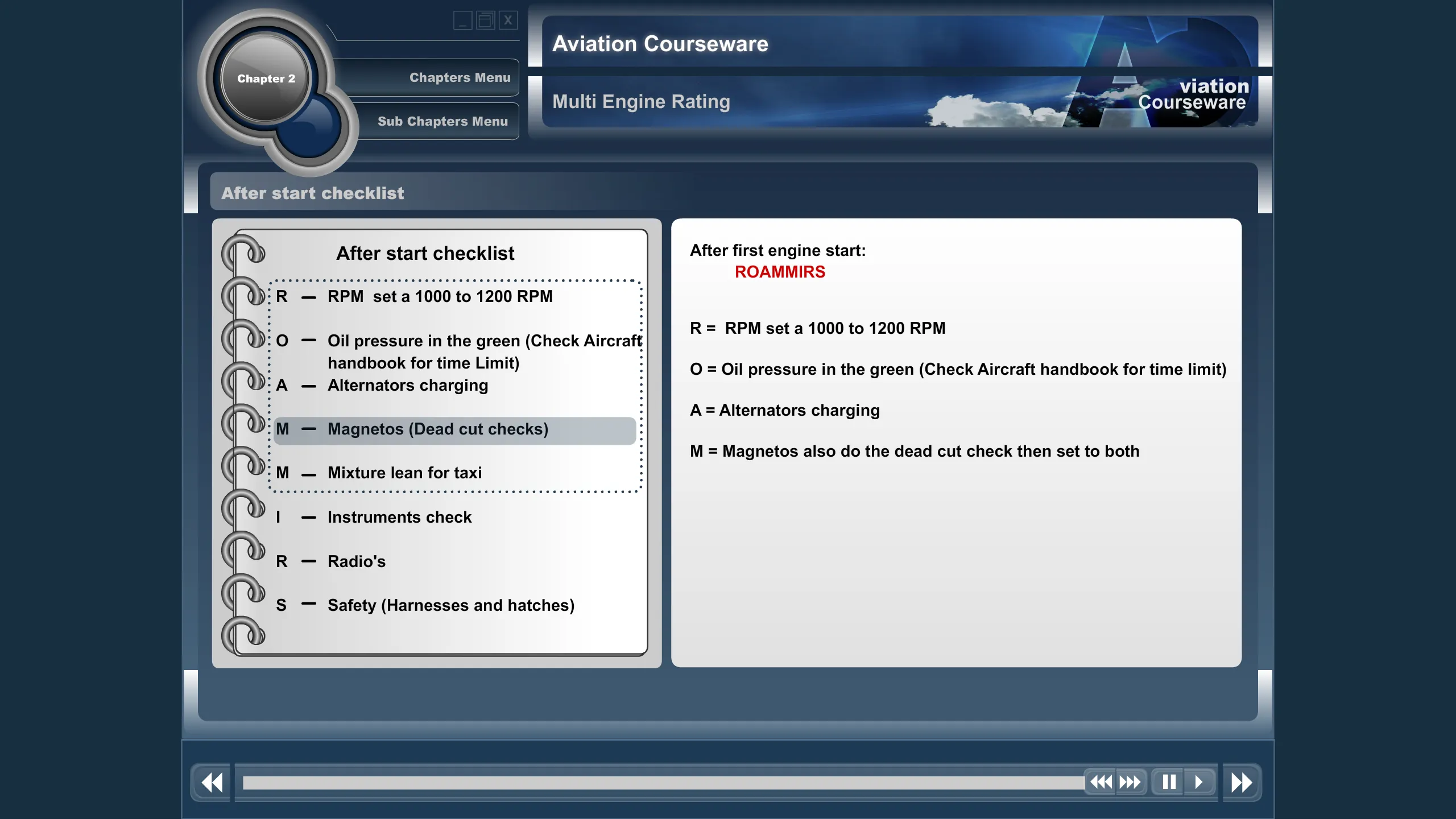 Multi-engine aircraft checklists — normal, abnormal, and emergency procedures training software