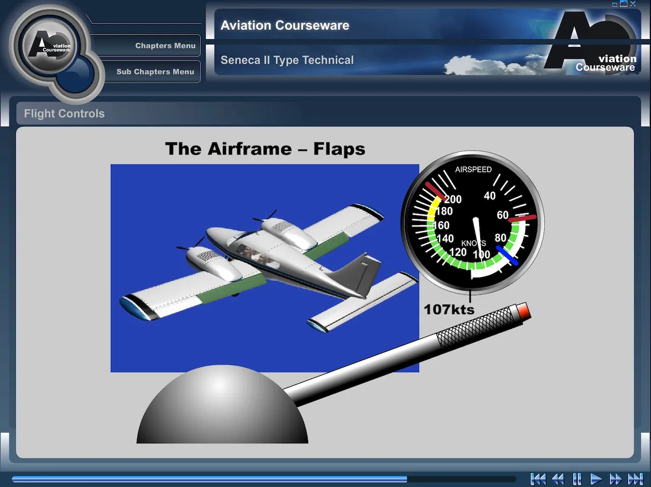 Piper Seneca II aircraft flight controls and flap system — interactive type-specific training software